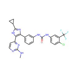 CNc1nccc(-c2[nH]c(C3CC3)nc2-c2cccc(NC(=O)Nc3ccc(Cl)c(C(F)(F)F)c3)c2)n1 ZINC000029042643