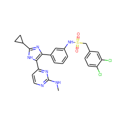 CNc1nccc(-c2[nH]c(C3CC3)nc2-c2cccc(NS(=O)(=O)Cc3ccc(Cl)c(Cl)c3)c2)n1 ZINC000029042576