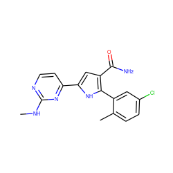 CNc1nccc(-c2cc(C(N)=O)c(-c3cc(Cl)ccc3C)[nH]2)n1 ZINC000142721513