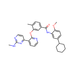 CNc1nccc(-c2cccnc2Oc2cc(C(=O)Nc3cc(C4CCCCC4)ccc3OC)ccc2C)n1 ZINC000014957242