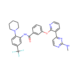 CNc1nccc(-c2cccnc2Oc2cccc(C(=O)Nc3cc(C(F)(F)F)ccc3N3CCCCC3)c2)n1 ZINC000014957263