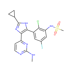 CNc1nccc(-c2nc(C3CC3)[nH]c2-c2cc(F)cc(NS(C)(=O)=O)c2Cl)n1 ZINC000096174587