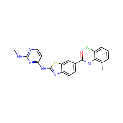 CNc1nccc(Nc2nc3ccc(C(=O)Nc4c(C)cccc4Cl)cc3s2)n1 ZINC000013536616