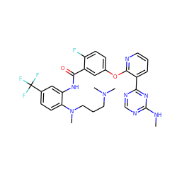 CNc1ncnc(-c2cccnc2Oc2ccc(F)c(C(=O)Nc3cc(C(F)(F)F)ccc3N(C)CCCN(C)C)c2)n1 ZINC000014957311