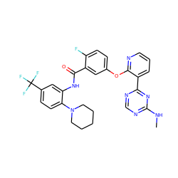 CNc1ncnc(-c2cccnc2Oc2ccc(F)c(C(=O)Nc3cc(C(F)(F)F)ccc3N3CCCCC3)c2)n1 ZINC000014957306