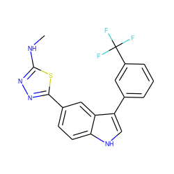 CNc1nnc(-c2ccc3[nH]cc(-c4cccc(C(F)(F)F)c4)c3c2)s1 ZINC000204765361