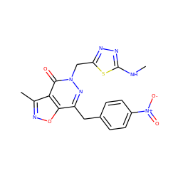 CNc1nnc(Cn2nc(Cc3ccc([N+](=O)[O-])cc3)c3onc(C)c3c2=O)s1 ZINC000084587771