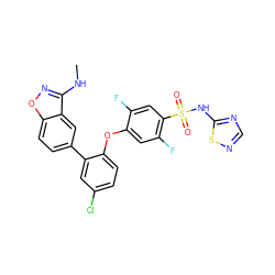 CNc1noc2ccc(-c3cc(Cl)ccc3Oc3cc(F)c(S(=O)(=O)Nc4ncns4)cc3F)cc12 ZINC000205524832