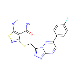 CNc1snc(SCc2nnc3ncc(-c4ccc(F)cc4)nn23)c1C(N)=O ZINC000095556261