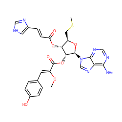 CO/C(=C\c1ccc(O)cc1)C(=O)O[C@@H]1[C@H](OC(=O)/C=C/c2c[nH]cn2)[C@@H](CSC)O[C@H]1n1cnc2c(N)ncnc21 ZINC000026378443