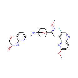 CO/N=C(/Cc1c(F)cnc2ccc(OC)nc12)C12CCC(NCc3ccc4c(n3)NC(=O)CO4)(CC1)CO2 ZINC000653777936