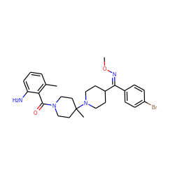 CO/N=C(/c1ccc(Br)cc1)C1CCN(C2(C)CCN(C(=O)c3c(C)cccc3N)CC2)CC1 ZINC000027519842