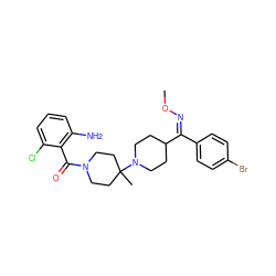 CO/N=C(/c1ccc(Br)cc1)C1CCN(C2(C)CCN(C(=O)c3c(N)cccc3Cl)CC2)CC1 ZINC000027518694