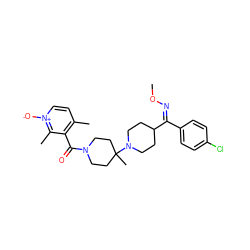 CO/N=C(/c1ccc(Cl)cc1)C1CCN(C2(C)CCN(C(=O)c3c(C)cc[n+]([O-])c3C)CC2)CC1 ZINC000027519123