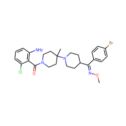 CO/N=C(\c1ccc(Br)cc1)C1CCN(C2(C)CCN(C(=O)c3c(N)cccc3Cl)CC2)CC1 ZINC000026848881