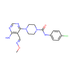 CO/N=C/c1c(N)ncnc1N1CCN(C(=O)Nc2ccc(Cl)cc2)CC1 ZINC000028824169