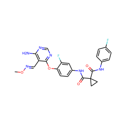 CO/N=C/c1c(N)ncnc1Oc1ccc(NC(=O)C2(C(=O)Nc3ccc(F)cc3)CC2)cc1F ZINC000205425757