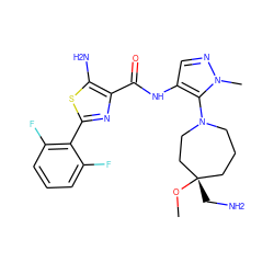 CO[C@@]1(CN)CCCN(c2c(NC(=O)c3nc(-c4c(F)cccc4F)sc3N)cnn2C)CC1 ZINC000169699561