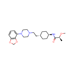 CO[C@@H](C)C(=O)N[C@H]1CC[C@H](CCN2CCN(c3cccc4c3OCO4)CC2)CC1 ZINC000261102383