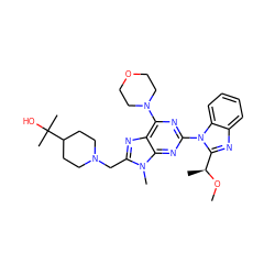 CO[C@@H](C)c1nc2ccccc2n1-c1nc(N2CCOCC2)c2nc(CN3CCC(C(C)(C)O)CC3)n(C)c2n1 ZINC000095552673