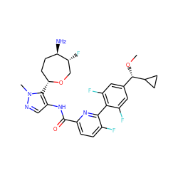 CO[C@@H](c1cc(F)c(-c2nc(C(=O)Nc3cnn(C)c3[C@@H]3CC[C@@H](N)[C@H](F)CO3)ccc2F)c(F)c1)C1CC1 ZINC000205652972