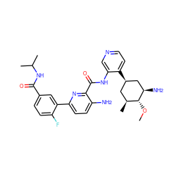 CO[C@@H]1[C@@H](C)C[C@@H](c2ccncc2NC(=O)c2nc(-c3cc(C(=O)NC(C)C)ccc3F)ccc2N)C[C@H]1N ZINC000261117880