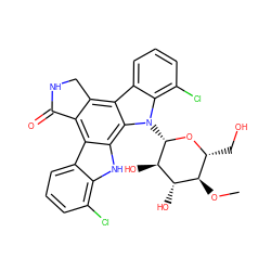 CO[C@@H]1[C@@H](CO)O[C@@H](n2c3c(Cl)cccc3c3c4c(c5c6cccc(Cl)c6[nH]c5c32)C(=O)NC4)[C@H](O)[C@H]1O ZINC000299818137