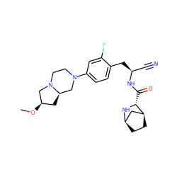 CO[C@@H]1C[C@@H]2CN(c3ccc(C[C@@H](C#N)NC(=O)[C@H]4N[C@@H]5CC[C@H]4C5)c(F)c3)CCN2C1 ZINC000219300148