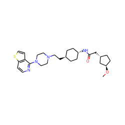 CO[C@@H]1CC[C@@H](CC(=O)N[C@H]2CC[C@H](CCN3CCN(c4nccc5sccc45)CC3)CC2)C1 ZINC000261191451