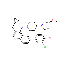 CO[C@@H]1CCN(C2CCC(Nc3c(C(=O)C4CC4)cnc4ccc(-c5cc(Cl)c(O)c(Cl)c5)cc34)CC2)C1 ZINC000114037377