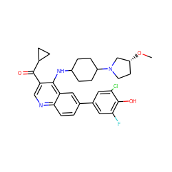 CO[C@@H]1CCN(C2CCC(Nc3c(C(=O)C4CC4)cnc4ccc(-c5cc(F)c(O)c(Cl)c5)cc34)CC2)C1 ZINC000219379186