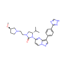 CO[C@@H]1CCN(CCN2C[C@H](C(C)C)N(c3ccn4ncc(-c5ccc(-c6nc[nH]n6)cc5)c4n3)C2=O)C1 ZINC000141222305