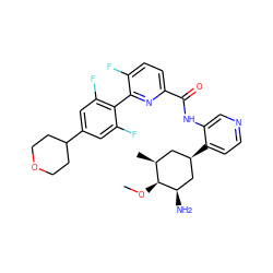 CO[C@H]1[C@@H](C)C[C@@H](c2ccncc2NC(=O)c2ccc(F)c(-c3c(F)cc(C4CCOCC4)cc3F)n2)C[C@H]1N ZINC000207148975