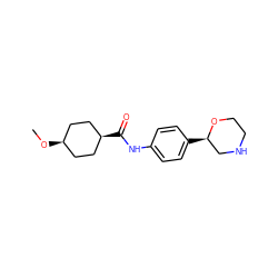 CO[C@H]1CC[C@@H](C(=O)Nc2ccc([C@@H]3CNCCO3)cc2)CC1 ZINC000117719270