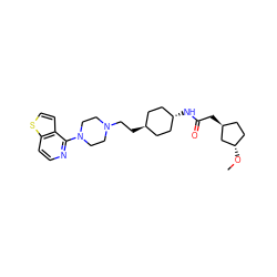 CO[C@H]1CC[C@H](CC(=O)N[C@H]2CC[C@H](CCN3CCN(c4nccc5sccc45)CC3)CC2)C1 ZINC000261191450