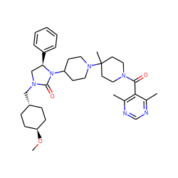 CO[C@H]1CC[C@H](CN2C[C@@H](c3ccccc3)N(C3CCN(C4(C)CCN(C(=O)c5c(C)ncnc5C)CC4)CC3)C2=O)CC1 ZINC000253780689