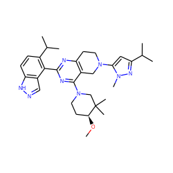 CO[C@H]1CCN(c2nc(-c3c(C(C)C)ccc4[nH]ncc34)nc3c2CN(c2cc(C(C)C)nn2C)CC3)CC1(C)C ZINC000149138411