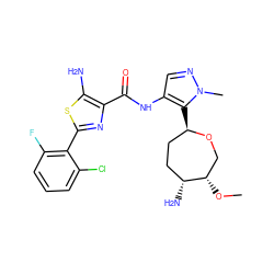 CO[C@H]1CO[C@H](c2c(NC(=O)c3nc(-c4c(F)cccc4Cl)sc3N)cnn2C)CC[C@H]1N ZINC000216888806