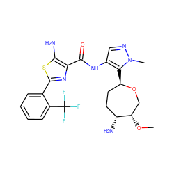 CO[C@H]1CO[C@H](c2c(NC(=O)c3nc(-c4ccccc4C(F)(F)F)sc3N)cnn2C)CC[C@H]1N ZINC000216886512