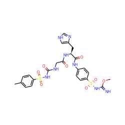 COC(=N)NS(=O)(=O)c1ccc(NC(=O)[C@H](Cc2c[nH]cn2)NC(=O)CNC(=O)NS(=O)(=O)c2ccc(C)cc2)cc1 ZINC000029481941