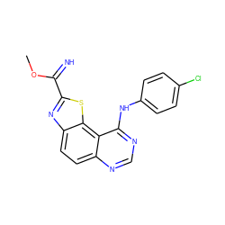 COC(=N)c1nc2ccc3ncnc(Nc4ccc(Cl)cc4)c3c2s1 ZINC000096270427