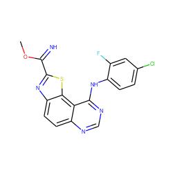 COC(=N)c1nc2ccc3ncnc(Nc4ccc(Cl)cc4F)c3c2s1 ZINC000207581305