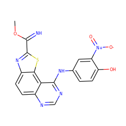 COC(=N)c1nc2ccc3ncnc(Nc4ccc(O)c([N+](=O)[O-])c4)c3c2s1 ZINC000096270440