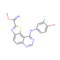 COC(=N)c1nc2ccc3ncnc(Nc4ccc(O)c(F)c4)c3c2s1 ZINC000096270437