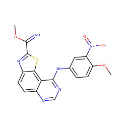 COC(=N)c1nc2ccc3ncnc(Nc4ccc(OC)c([N+](=O)[O-])c4)c3c2s1 ZINC000207581369