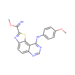 COC(=N)c1nc2ccc3ncnc(Nc4ccc(OC)cc4)c3c2s1 ZINC000096270428