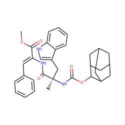 COC(=O)/C(=C/c1ccccc1)NC(=O)[C@@](C)(Cc1c[nH]c2ccccc12)NC(=O)OC1C2CC3CC(C2)CC1C3 ZINC000027734005