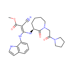 COC(=O)/C(C#N)=C(\Nc1cccc2cc[nH]c12)N[C@H]1CCCCN(CC(=O)N2CCCC2)C1=O ZINC000040848309