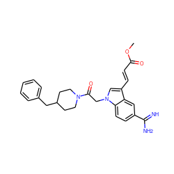 COC(=O)/C=C/c1cn(CC(=O)N2CCC(Cc3ccccc3)CC2)c2ccc(C(=N)N)cc12 ZINC000028013166