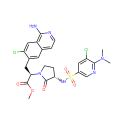 COC(=O)[C@@H](Cc1cc2ccnc(N)c2cc1Cl)N1CC[C@H](NS(=O)(=O)c2cnc(N(C)C)c(Cl)c2)C1=O ZINC000142615662